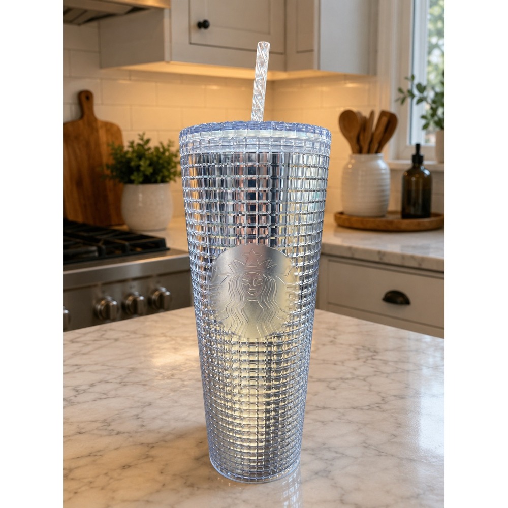 Starbucks Silver Disco Grid Venti Tumbler 24oz Cold Cup Metallic Textured Straw